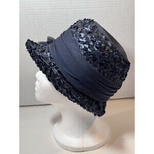 Vintage Union Made USA Midnight Blue Paper Hat Wicker Women's Mid Century
